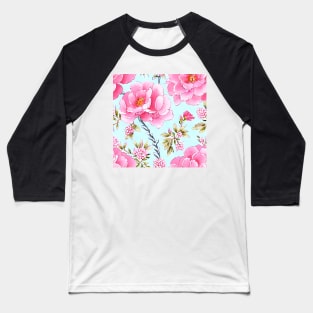 Pink roses on pale blue seamless chinoiserie pattern Baseball T-Shirt